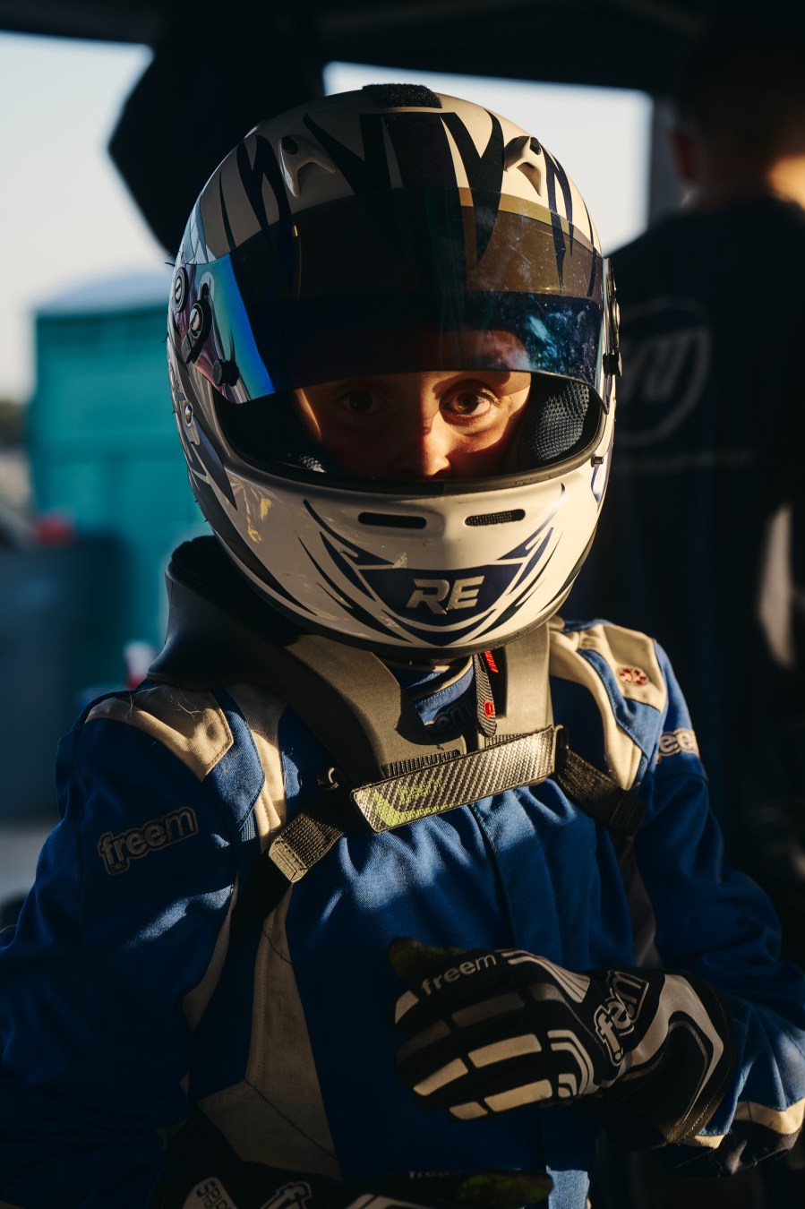 Reid Eck in his Reid Eck Racing helmet at the track
